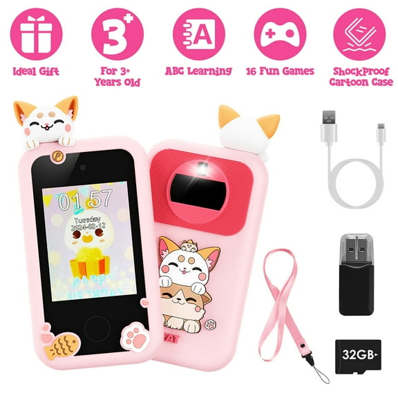 Imountek Kids Toy Smartphone, Dual Camera Phone Touchscreen Learning Toy with 16 Learning Games, 21 Essential Features, MP3 Player, ABC Learning-Gifts and Toys for Girls Boys Ages 3+, Pink