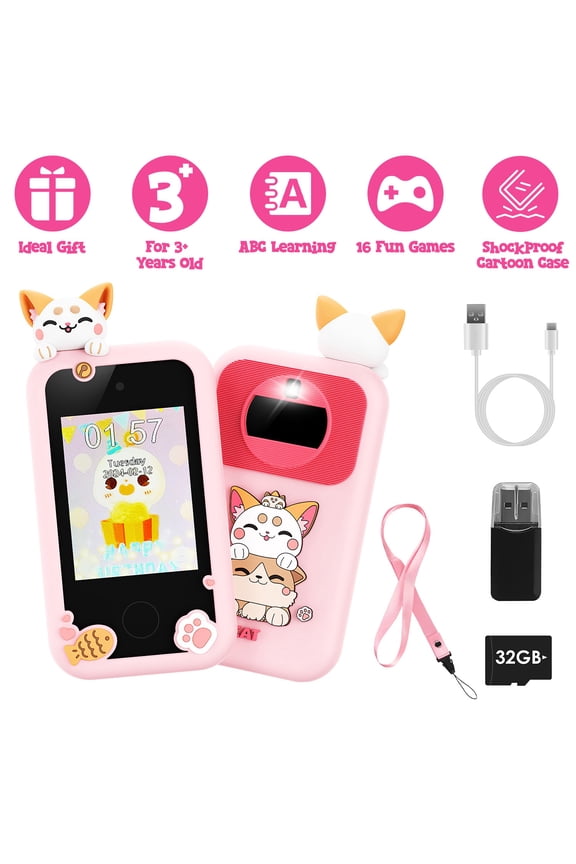 Kids Toy Smartphone, Dual Camera Phone Touchscreen Learning Toy with 16 Learning Games, 21 Essential Features, MP3 Player, ABC Learning-Gifts and Toys for Girls Boys Ages 3+, Pink