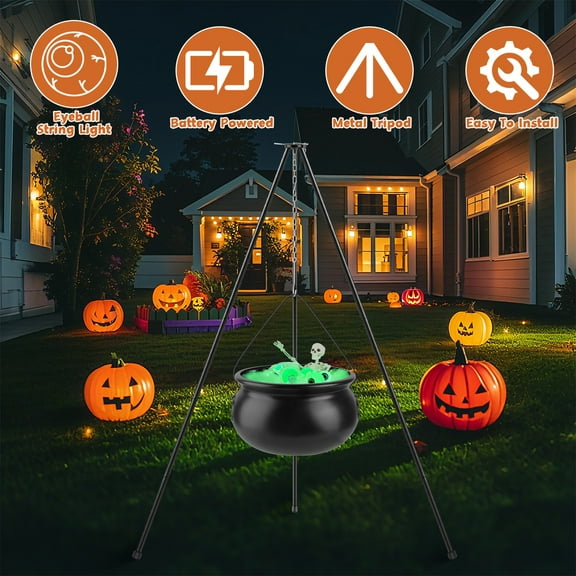 Imountek Large Halloween Witch Cauldron with 56.49” Tripod Eyeball String Lights Skeleton for Outdoor Indoor Decor