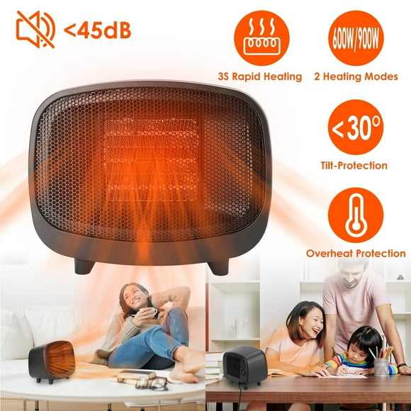 Portable Mini Space Heater, 900W PTC Ceramic Heater with 3s Fast Heat, 2 Modes, Overheat & Tip-over Protection, Quiet for Home Office