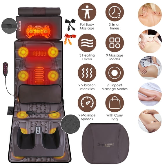 Imountek PU Leather Full Body Massage Mat with Heat Timer, Multifunctional Electric Massage Chair Pad with Shiatsu Neck Foot Massager Lumbar Pillow Carry Bag Earplugs Anti-Slip Bottom for Home