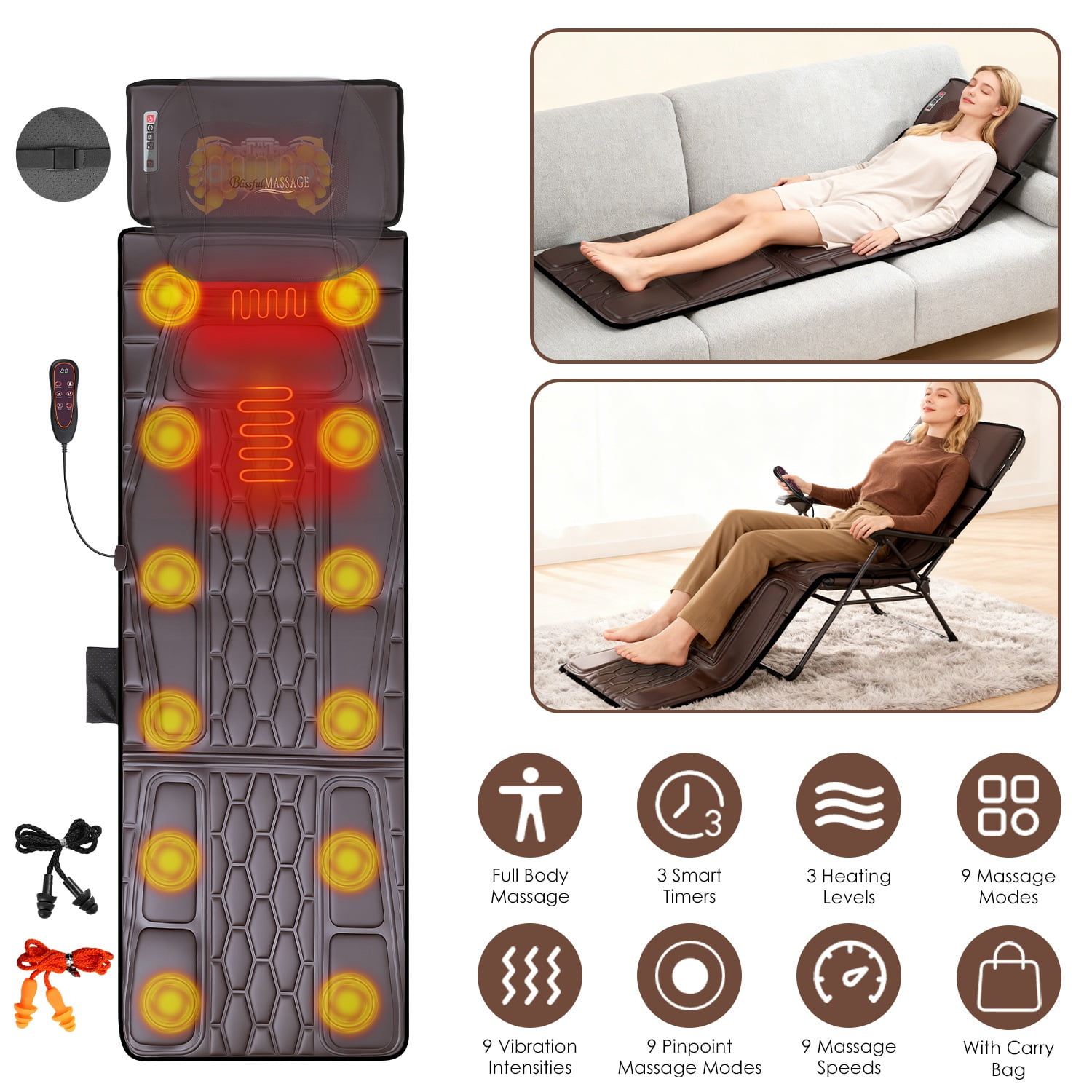 Imountek PU Leather Full Body Massage Mat with Heat Timer, Multifunctional Electric Massage Chair Pad with Shiatsu Neck Massager Carry Bag Earplugs Anti-Slip Bottom for Home