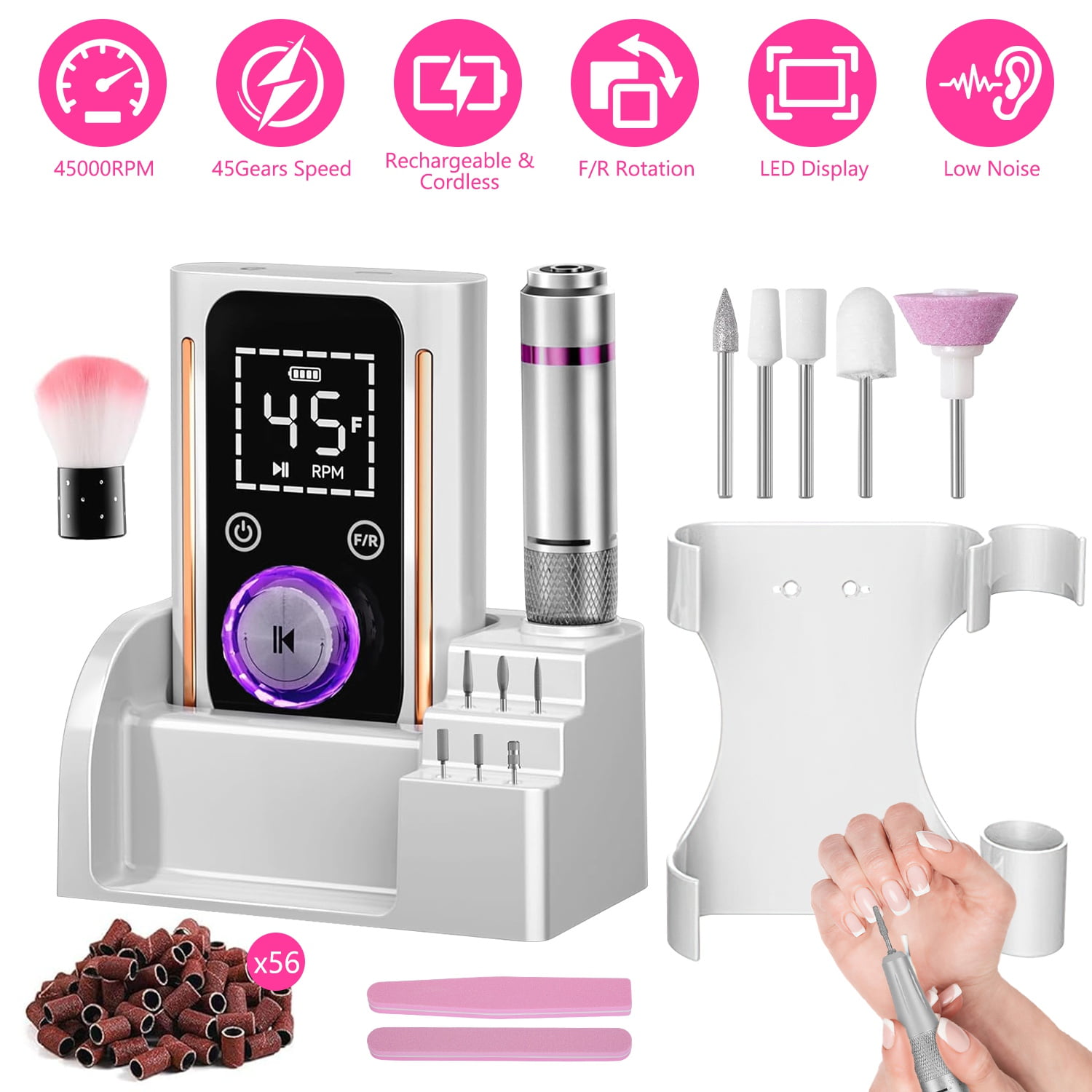 Imountek Portable Nail Drill Machine, 45000 RPM Professional Electric Nail File Kit with 11 Bits for Salon Home Manicure
