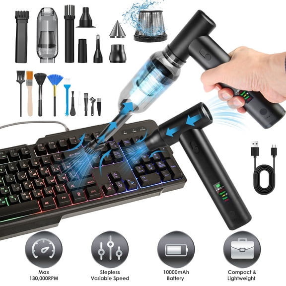 Imountek Pro Compressed Air Duster, Cordless Vacuum Cleaner Brushless Motor 130000RPM Stepless Variable Speed 10000mAh Battery for PC Keyboard Car Home