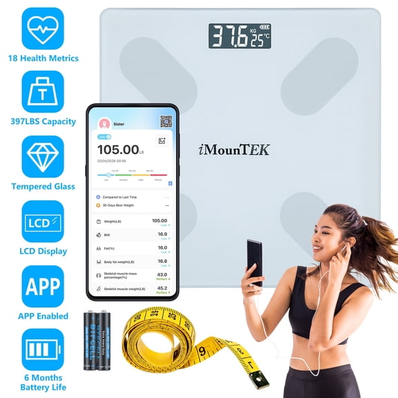 Imountek Smart Digital Body Weight Scale BMI Composition Analyzer 4mm Tempered Glass 397LBS LCD Sync with Health APP