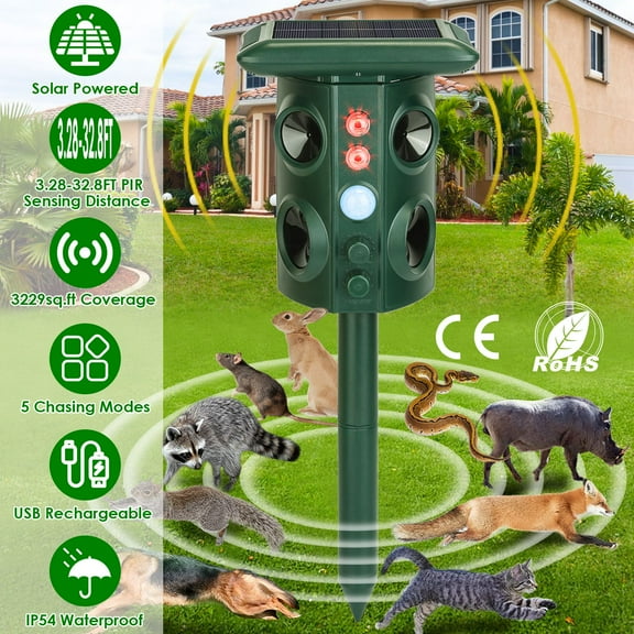 Imountek Solar Ultrasonic Animal Repeller, Garden Animal Chaser with PIR Motion Sensor IP65 Waterproof Sound Flashing Light for Deer Raccoon Squirrel Mice Snakes Cat Dog