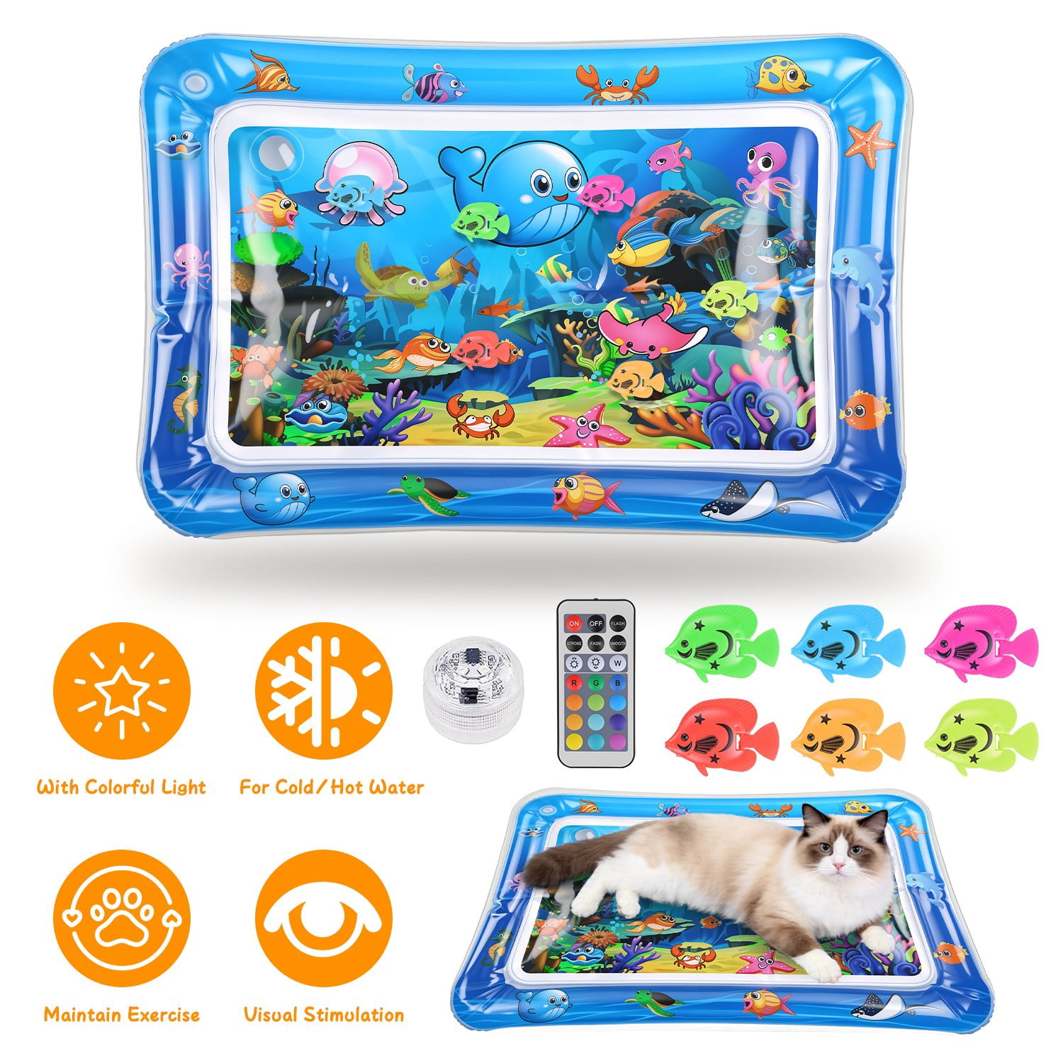 Imountek Thickened PVC Cat Water Mat Interactive Sensory Play Mat with LED Changing Light Floating Fish Toys for Indoor Cats Kittens, Blue