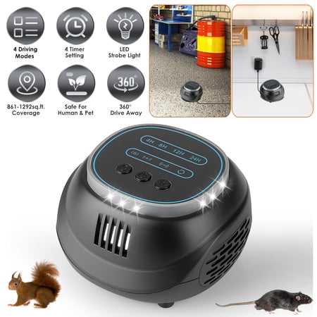 Imountek Ultrasonic Rodent Chaser, Indoor Rat Repellent with 4 Modes 4-65KHz Strobe Light Timer, 1292 sq.ft Coverage for Mouse Rat Squirrel Bat, Black