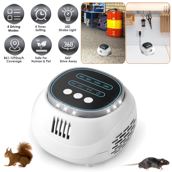 Imountek Ultrasonic Rodent Chaser, Indoor Rat Repellent with 4 Modes 4-65KHz Strobe Light Timer, 1292 sq.ft Coverage for Mouse Rat Squirrel Bat, White