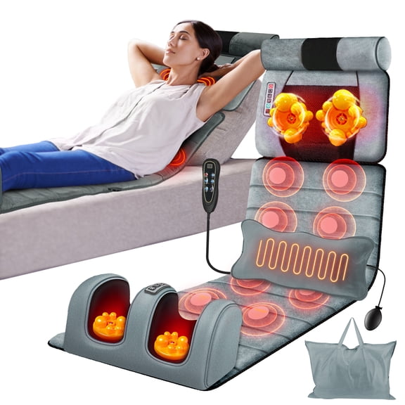 Imountek Electric Full Body Massage Mat with Heating, Vibration Massage Pad Cushion for Back Neck Foot, Includes Head Pillow & Lumbar Support, Timer, Anti-Slip Bottom Earplugs, Gray