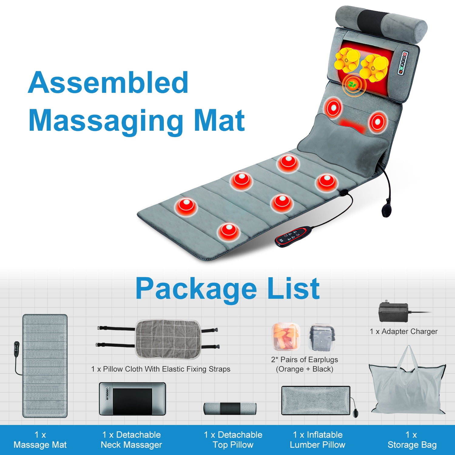 Imountek Upgraded Full Body Electric Massage Mat with Heat, Vibrating Back Massager Chair Pad with Neck Massager Lumbar Pillow, 10 Vibration Motors 3 Timers Anti-Slip Bottom Earplugs for Home Office