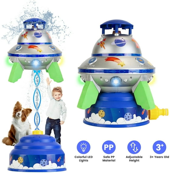 Imountek Water Sprinkler Toy for Kids Outdoor, 360° Spinning with Colorful LED Lights, Adjustable Height 1.6-6.6ft, Summer Pool Lawn Sprinkler for Boys Girls Ages 3+, Blue