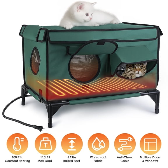 Waterproof Heated Cat House Outdoor Insulated Kitty Shelter with Heating Pad, Weatherproof Feral Cat Shelter for Winter, 2 Doors 3 Windows