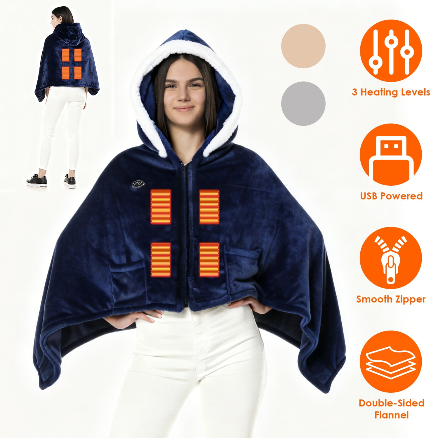 Imountek Wearable Heated Blanket with 8 Heating Zones, 3 Temperature Levels, Machine Washable Flannel, Portable USB Electric Heating Throw for Indoor Outdoor Use, Blue