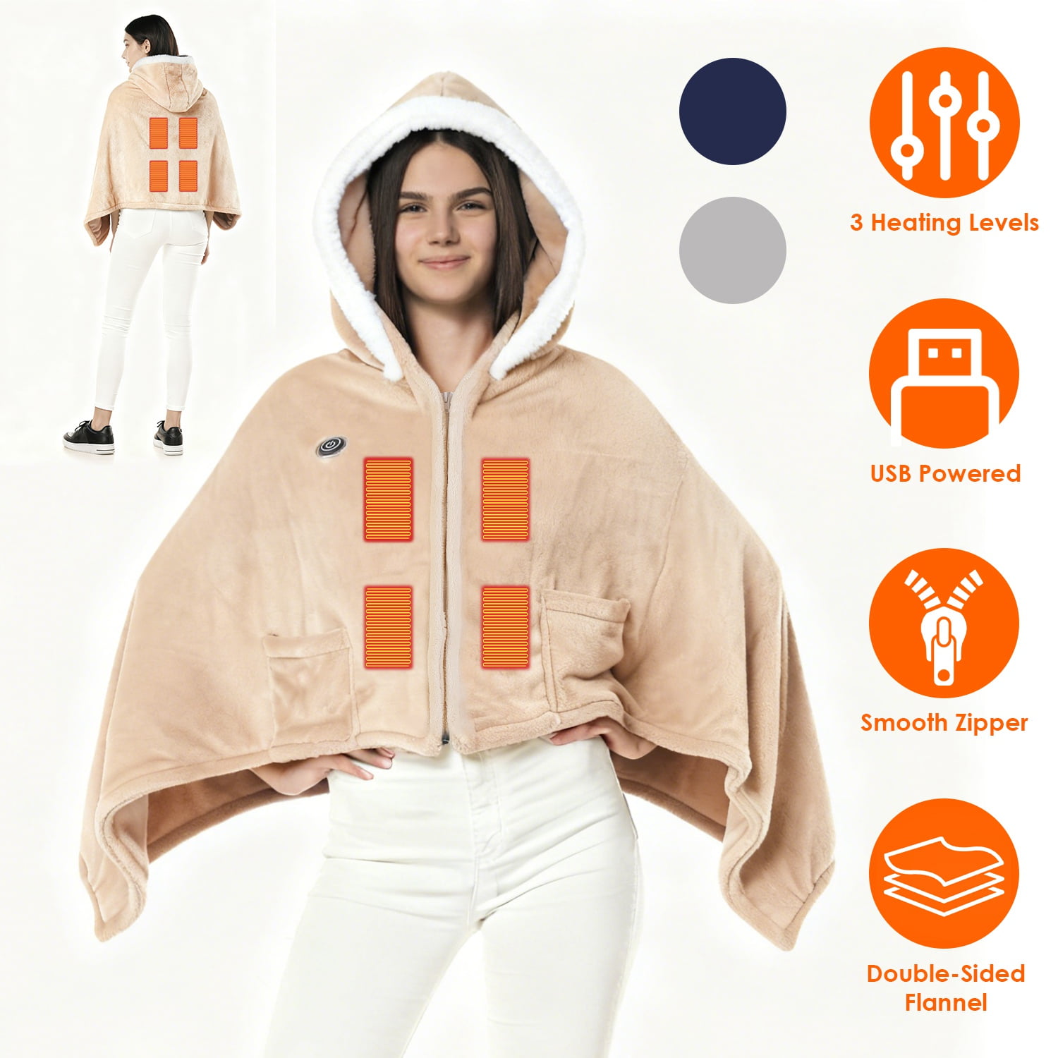 Imountek Wearable Heated Blanket with 8 Heating Zones, 3 Temperature Levels, Machine Washable Flannel, Portable USB Electric Heating Throw for Indoor Outdoor Use, Beige
