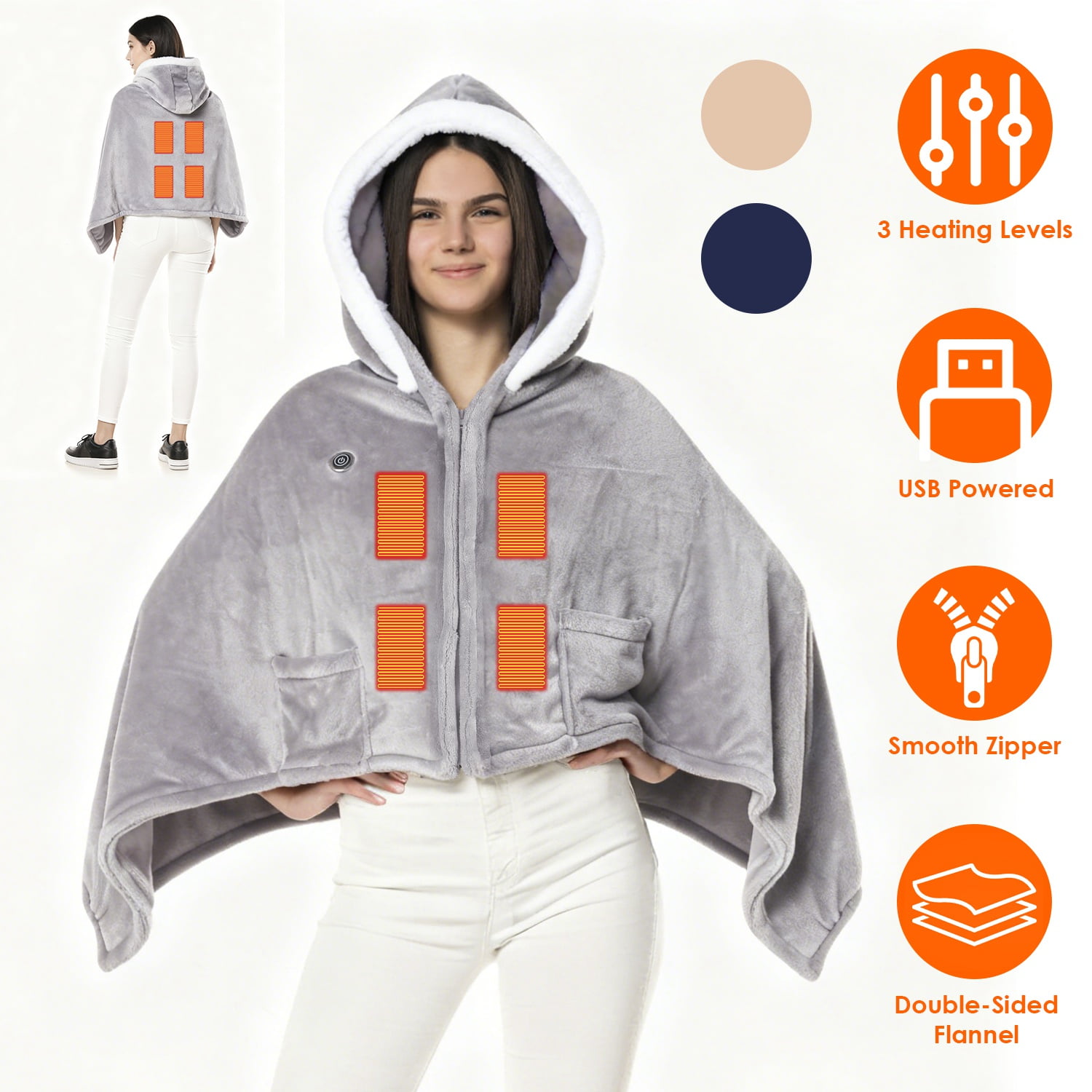 Imountek Wearable Heated Blanket with 8 Heating Zones, 3 Temperature Levels, Machine Washable Flannel, Portable USB Electric Heating Throw for Indoor Outdoor Use, Grey
