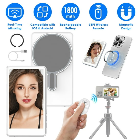 Imountek Wireless Phone Back Camera Monitor Screen, Magnetic Vlog Selfie Monitor Screen with 33FT Remote for Vlog Live Stream Compatible with IOS Android, White