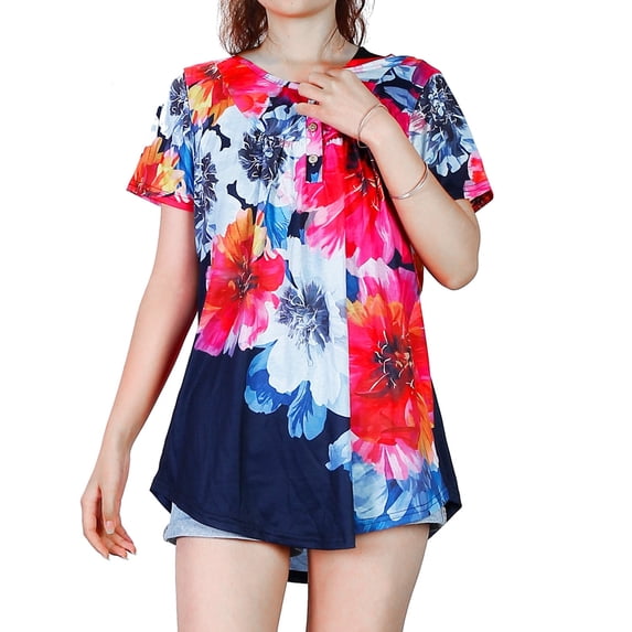 Imountek Women's Floral Print Short Sleeve Blouse, Loose Fit Summer T-Shirt & Button-Up Top (S-XXL)