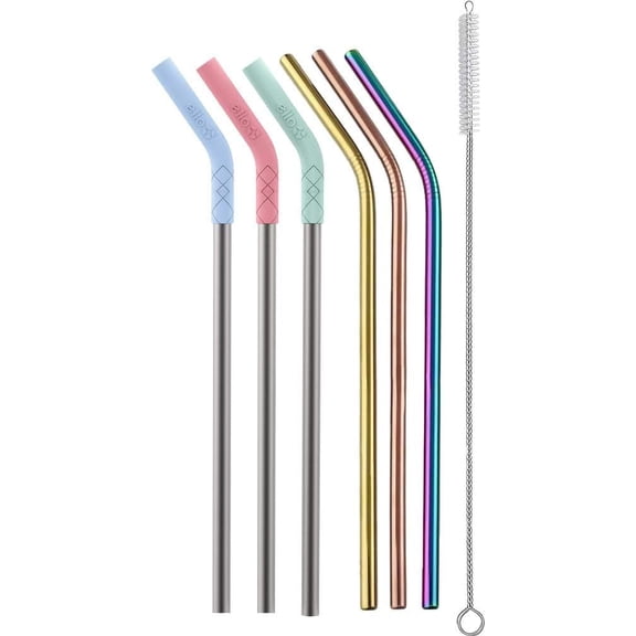 Impact 6 Pack Reusable Metal Straws with Silicone Tips Made from Stainless Steel, Dishwasher Safe, BPA-Freewith Cleaning Brush, Summer Glow