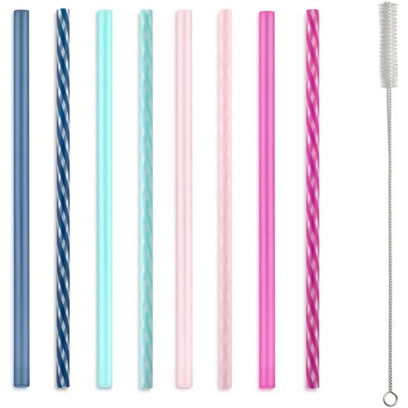 Impact 8 Pack Reusable Plastic Straws, Dishwasher Safe, BPA-Free with Cleaning Brush,Rosewater