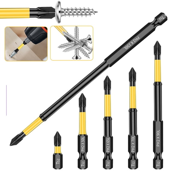 Impact Bit Magnetic PH2 Impact Driver Bits, S2 Steel High Hardness Screwdriver Bit Set for Power Drills, 6-Piece Yellow Anti-Slip Drill Bit Kit #870 Yellow