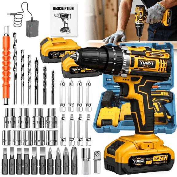 Impact Drill Combo Kit with 2 Extended Run Batteries, Storage Case and Accessories, Cordless Power Driver with Work Light