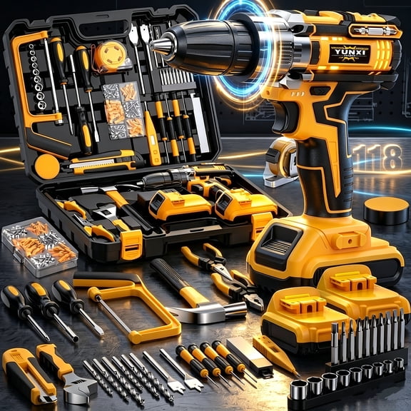 Impact Drill Mega Kit with 2 High Capacity Batteries and 118 Piece Accessory Set, Cordless Power Driver with Work Light