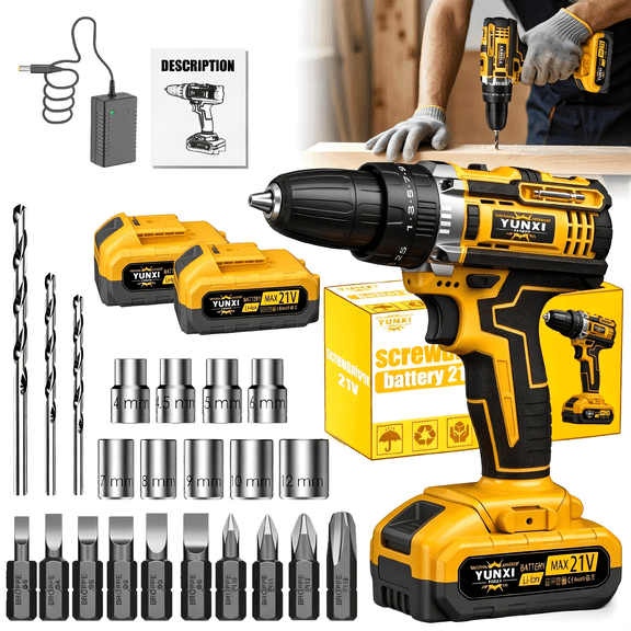 Impact Drill Set with 2 Batteries, Cordless Power Driver with Work Light and Adjustable Torque for DIY Projects