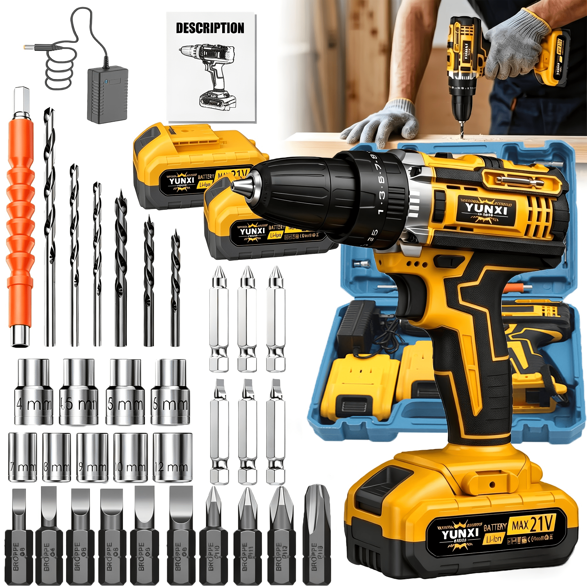 Impact Driver Set with 2 Batteries and Storage Case, Cordless Power Drill with Work Light and Adjustable Speed