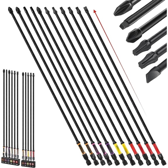 Impact Extra Long Screwdriver Bits Set, 11Pcs 300mm(12) Phillips/Torx/Square/Slotted/Pozi Magnetic S2 Steel Power Driver Bits Set Stored in Color Coded Base$$Tools & Hardware Other