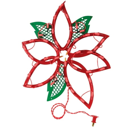 Lighted Poinsettia, Suction Cup Included for Easy Window Display, Red and Green - Measures 14" x 17"