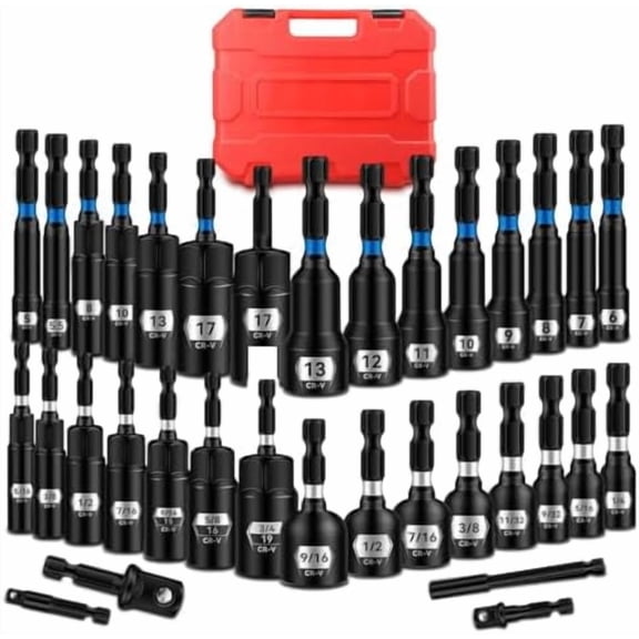 Impact Nut Driver Set, 34- Metric & Driver Bit Set, Deep Nut Driver Set, 1/4'' Quick Change Cr-V Hex Nut Drivers with Sturdy Tool Box