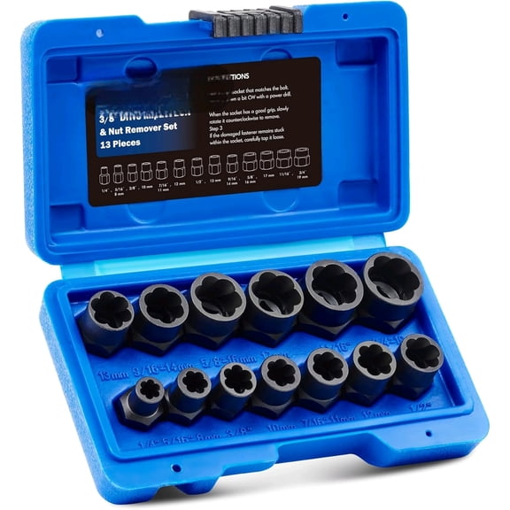 Impact Nut and Bolt Extraction Tool Set, Rusted Damaged Stripped Nut and Bolt Remover Tool Kit, Nut Bolt Extractor Socket Set in 13 SAE and Metric Sizes for 3/8 Inch Drive with Case