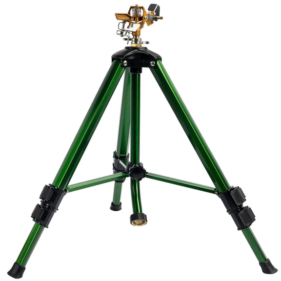 Impact Sprinkler on Tripod Base, Heavy Duty Brass Sprinklers for Yard Lawn Garden, 0-360 Degree Large Area Coverage, 3/4 Inch Connector Extension Legs Flip Locks with Brass Sprinkler Head