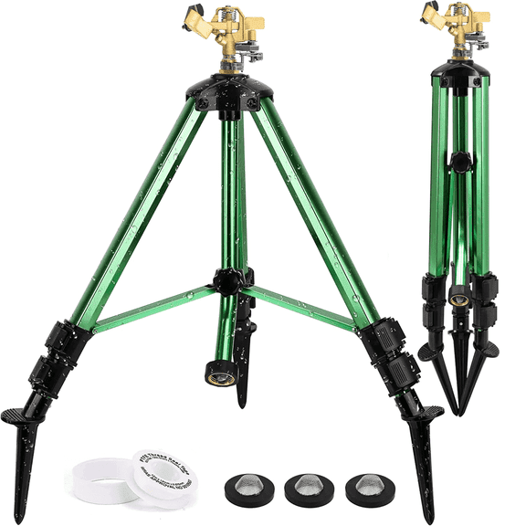 Impact Tripod Sprinkler, Heavy Duty Lawn Sprinklers with 360 Roating Brass Head for Garden, Farm, Adjustable Flow