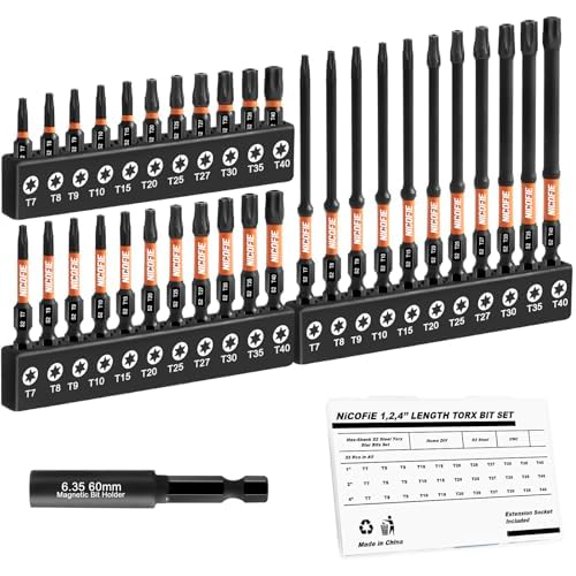 Impact Torx Bit Set 33pcs (T7-T40), 1"&2"&4'' Long Security Torx Bits, Tamper Proof Star Bit Set with CNC Machined Tips, S2 Steel Impact Bits with Extension Socket and Storage Box
