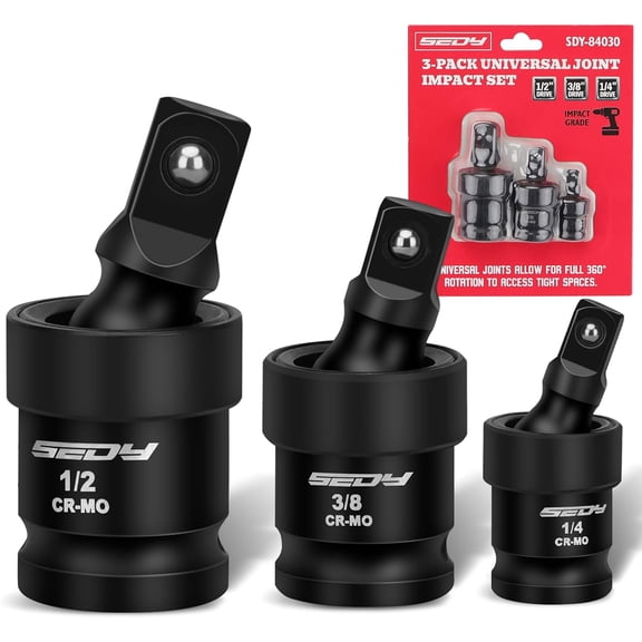 Impact Universal Joint-Socket Swivel Set: 3-Piece 1/2", 3/8", 1/4" Flexible Socket Set Premium CR-MO Steel U Joint Adapter Wobble