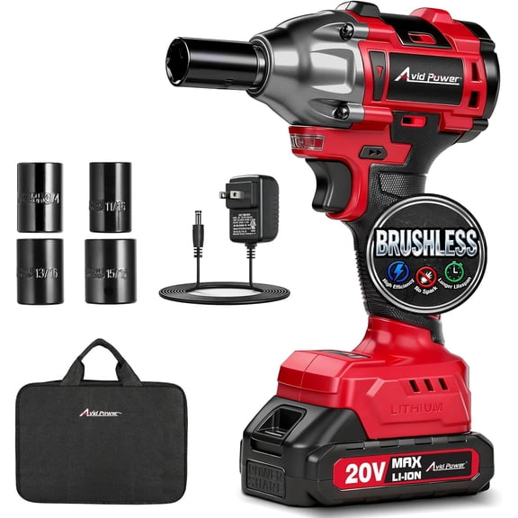 Impact Wrench, 1/2 Impact Gun Brushless Max Torque 332 Ft-lbs (450 N.m), 20V Cordless Impact Wrenches with 2.0 Ah Battery, 2 Variable Speeds, 4PCS Impact Sockets, Charger, Tool Bag