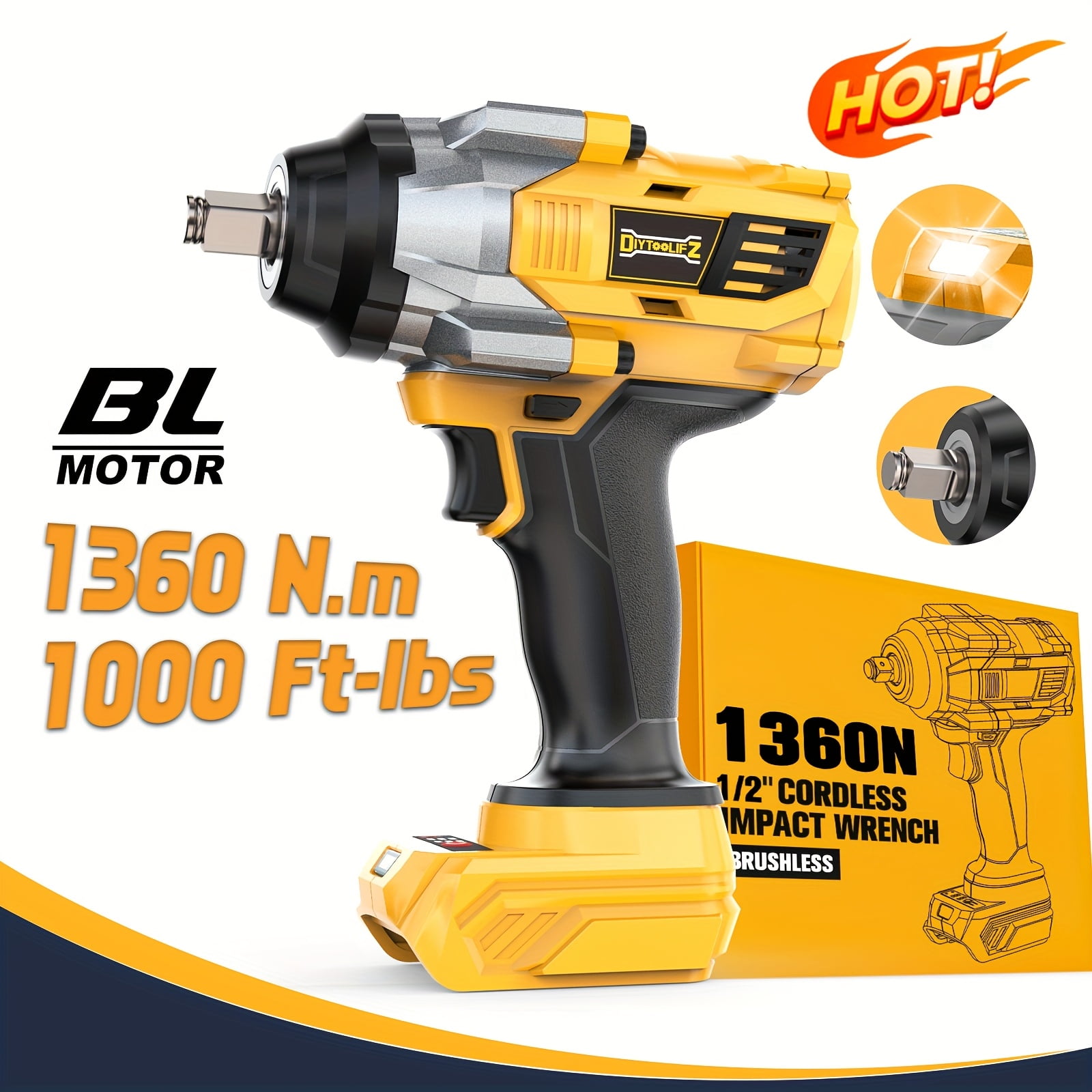 Impact Wrench Compatible with DeWalt 20V MAX Battery: 1/2 Inch Hog Ring Impact Driver High Torque - 1360N.m/1000Ft-lbs Cordless Impact Gun - Brushless Motor with LED Light - Tool Only