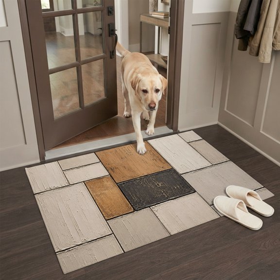 Impasto Block Front Door Rugs 2x3ft Abstract Minimalist Geometric Beige Brown Textured Washable Rug, Non Slip Indoor Carpet Absorbent Floor Mat for Living Room Bedroom Dining Room