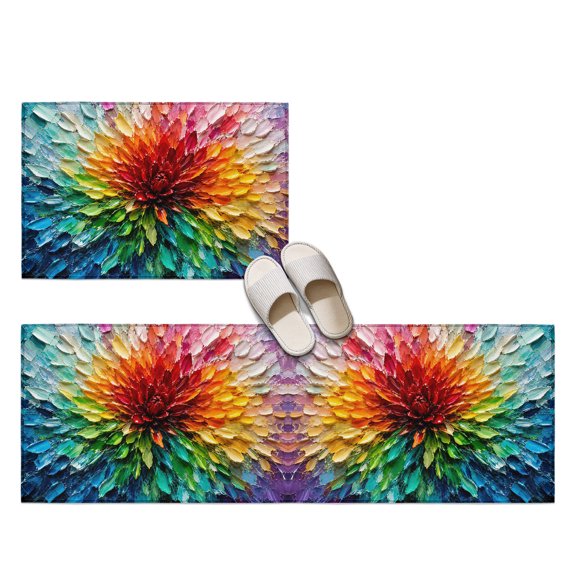 Impasto Floral 2 Pieces Non-Slip Kitchen Mat Set, Rustic Red Blue Yellow Floral Palette Impasto Soft Door Mat with Rubber Backing, Dirtproof Rugs for Entrance Doorway, 23.6x35.4in+23.6x70.9in