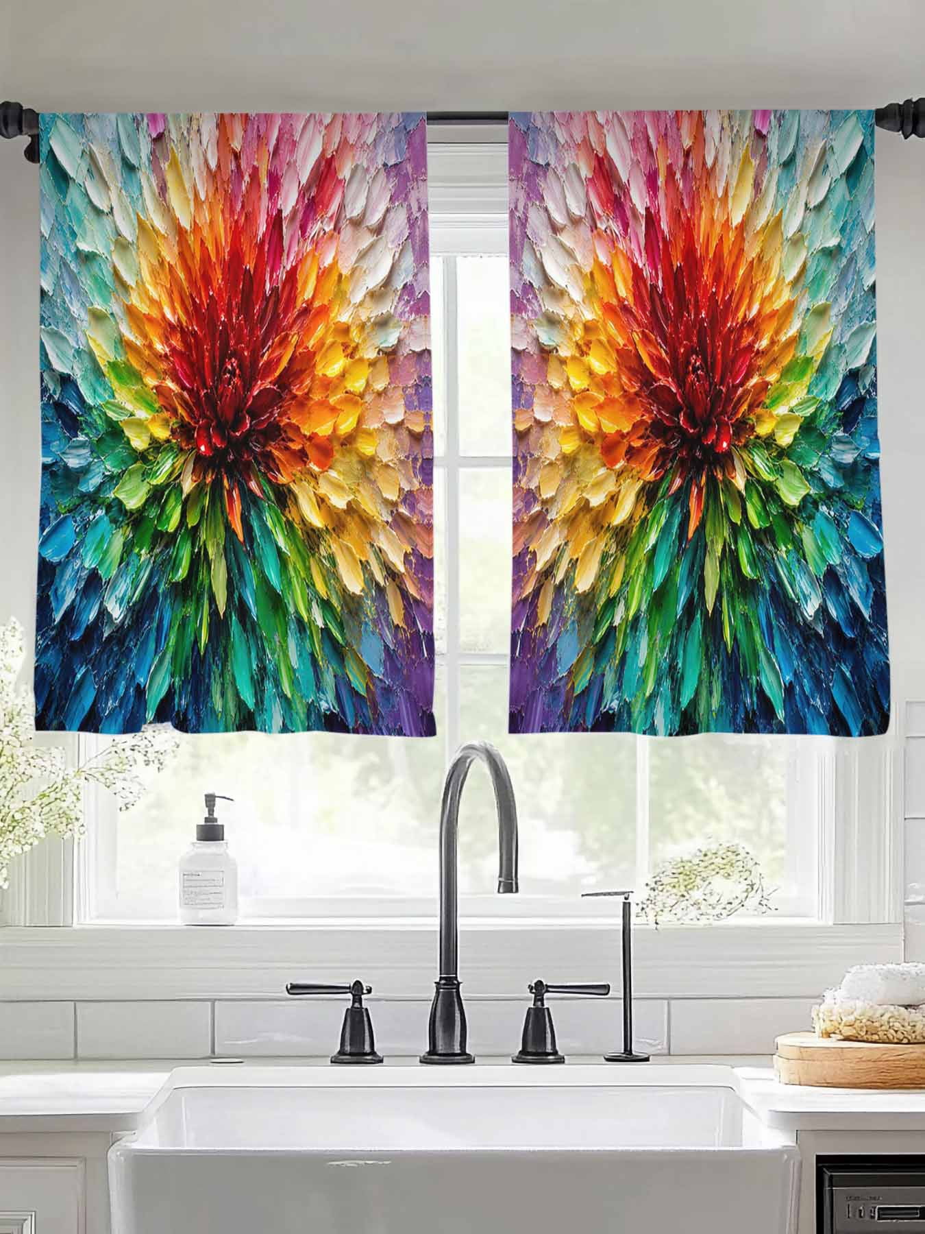 Impasto Floral Window Sheer Curtain Rustic Red Blue Yellow Floral ...