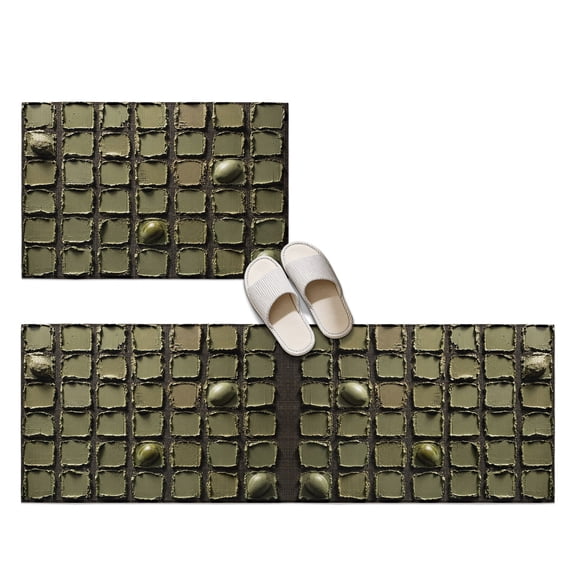 Impasto Grid 2 Pieces Non-Slip Kitchen Mat Set, Modern Abstract Olive Green Square Paint Swatches Soft Door Mat with Rubber Backing, Dirtproof Rugs for Entrance Doorway, 15.7x23.6in+15.7x47.2in