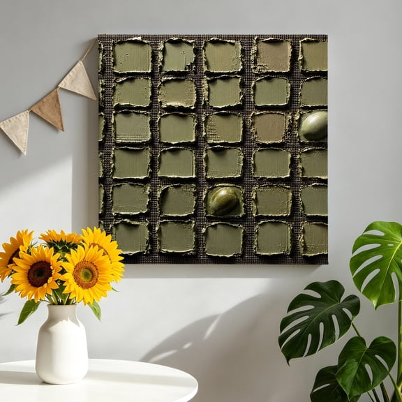 Impasto Grid Canvas Wall Art, Modern Abstract Olive Green Square Paint Swatches Framed Canvas Wall Decor Picture Print Artwork Decorations for Living Room Office Ready to Hang 8" x 8"