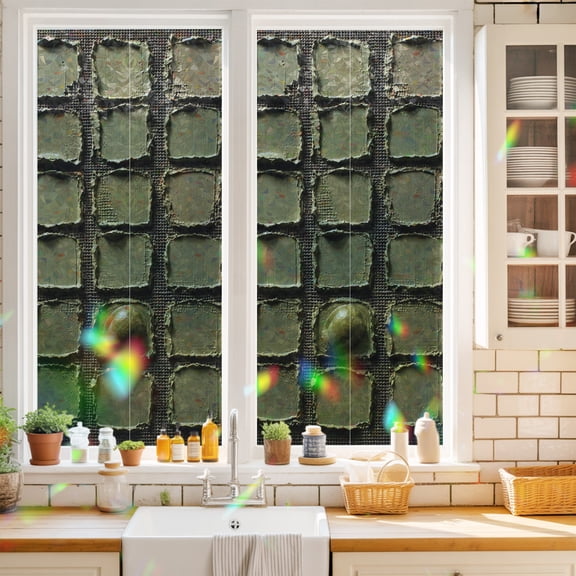 Impasto Grid Window Privacy Film Modern Abstract Olive Green Square Paint Swatches Static Cling Stained Glass Window Film Non-Adhesive Decorative Decals Rainbow Sticker 17.7"X39.3"