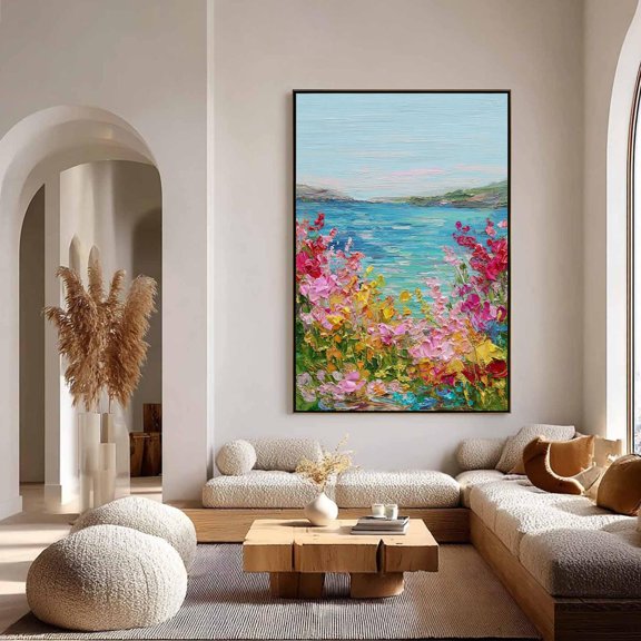 Impasto Style Ocean View Painting Print, Textured Look Floral Landscape Art, Coastal Wall Decor, Framed Canvas Print
