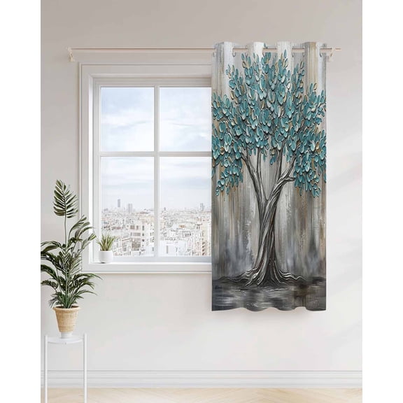 Impasto Tree Curtains 54 inches Long for Living Room Bedroom Vintage Teal Brown Plaster Relief Botanical Textured Sliding Door Sheer Curtains Light Filtering Curtain 1 Panel Grommet Window Drape