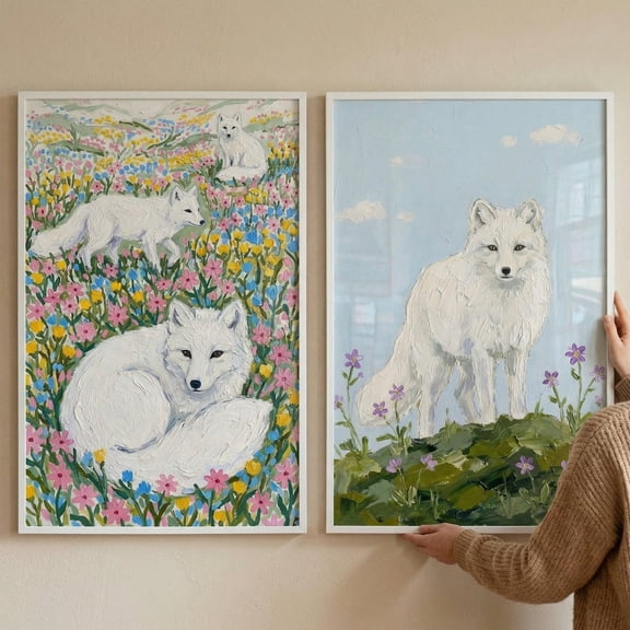 Impasto White Arctic Fox Wall Art Set of 2 Arctic Animal Nursery Decor Wildlife Canvas Print Floral Fox Illustration 2 Piece Wall Art Set 2
