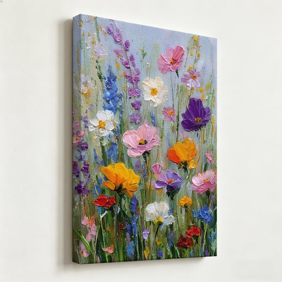"Impasto Wildflower Meadow" Textured Floral Canvas Art, Colorful Palette Knife Blossom Painting Print, Matte Finish Gallery Wrapped Rustic Wall Decor 8*12