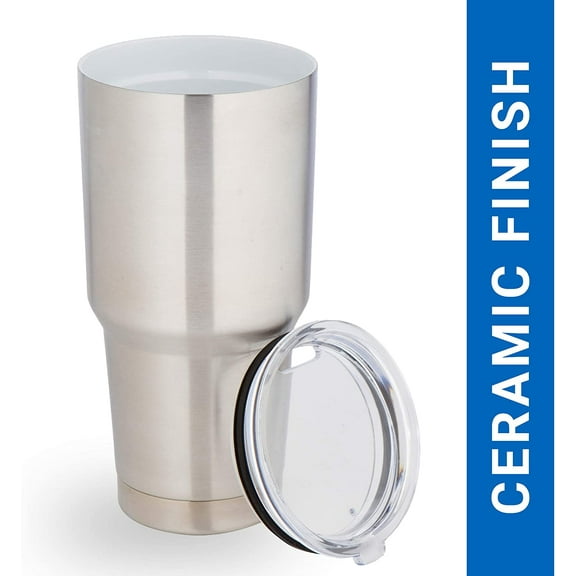 ImpecGear Ceramic Tumbler with Lid 30oz, Double Wall Vacuum Insulated Tumbler for Cold & Hot Drinks, Lightweight Tumbler with Leak Proof Cap, Wide Mouth, BPA Free Mug with Bottom Grip (Silver)